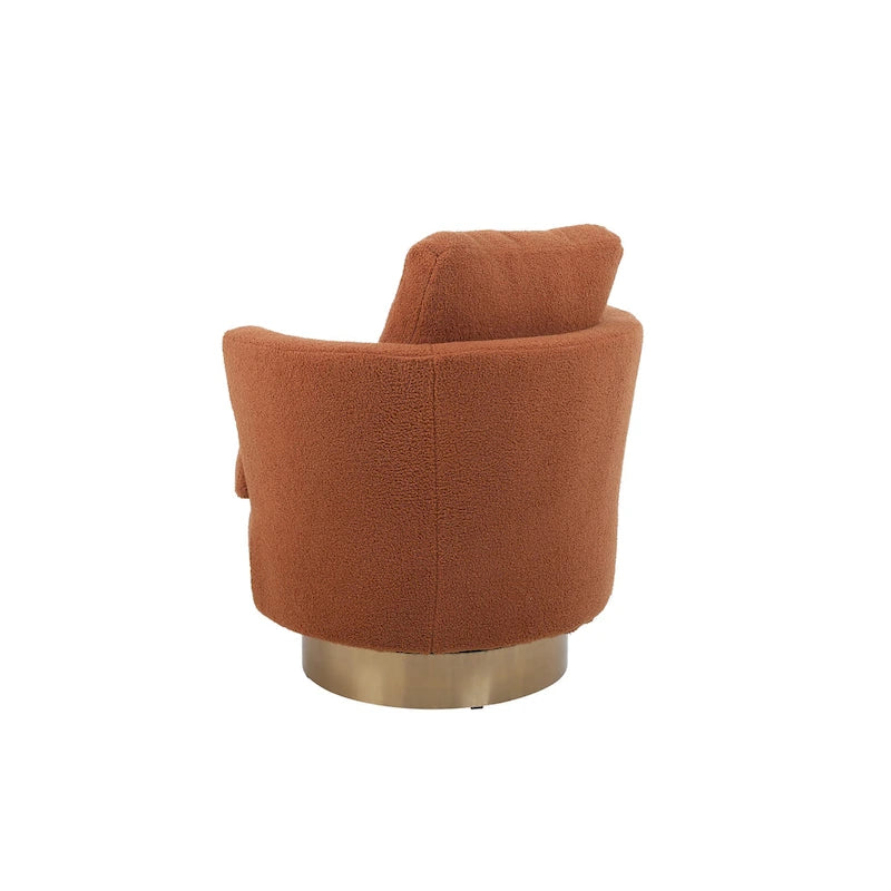 Brown Upholstered Swivel Barrel Accent Chair, Gold Metal Base, 1-Seat