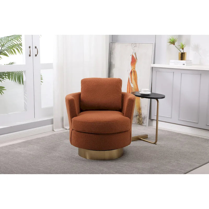 Brown Upholstered Swivel Barrel Accent Chair, Gold Metal Base, 1-Seat
