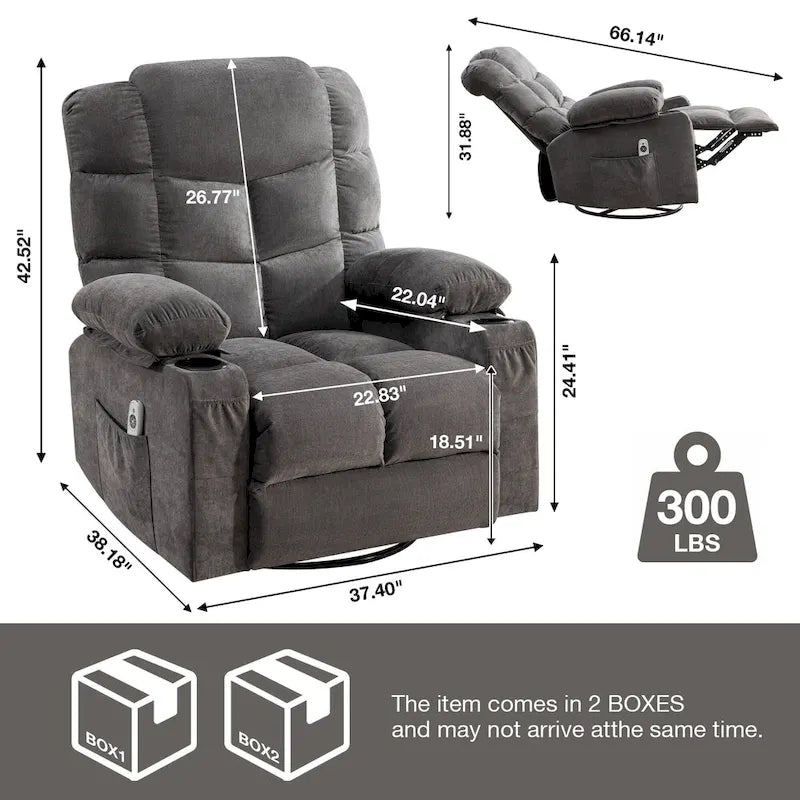 Blue/Brown/Grey Rocker Recliner with Massage, Heat & USB – Single Seat