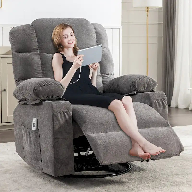 Blue/Brown/Grey Rocker Recliner with Massage, Heat & USB – Single Seat