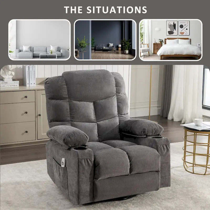 Blue/Brown/Grey Rocker Recliner with Massage, Heat & USB – Single Seat