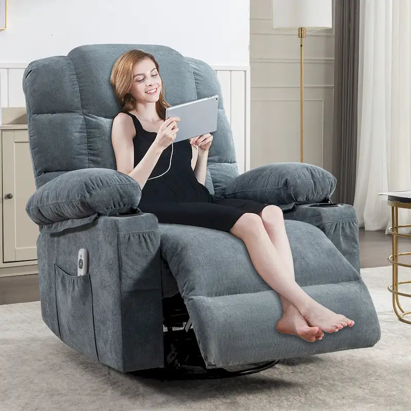 Blue/Brown/Grey Rocker Recliner with Massage, Heat & USB – Single Seat