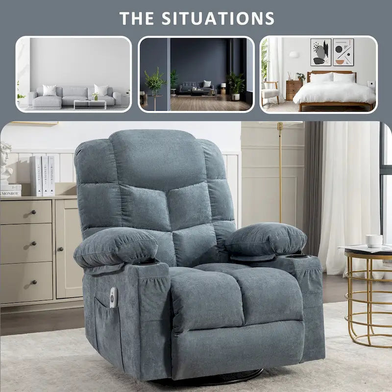 Blue/Brown/Grey Rocker Recliner with Massage, Heat & USB – Single Seat