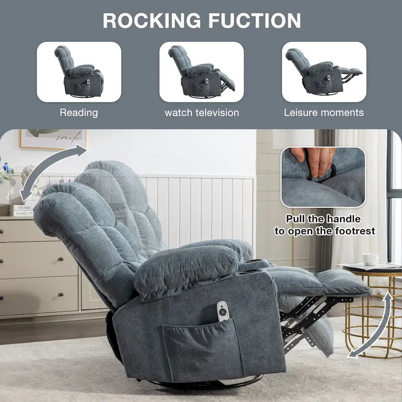 Blue/Brown/Grey Rocker Recliner with Massage, Heat & USB – Single Seat
