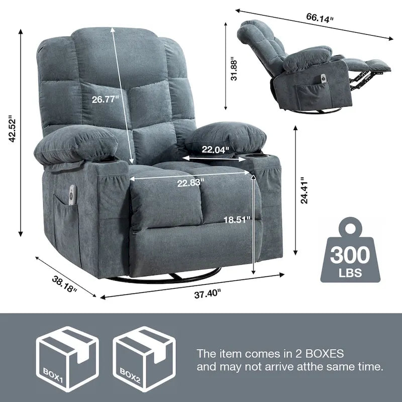 Blue/Brown/Grey Rocker Recliner with Massage, Heat & USB – Single Seat