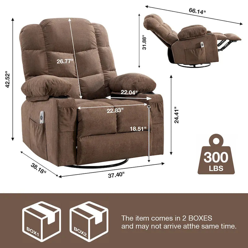 Blue/Brown/Grey Rocker Recliner with Massage, Heat & USB – Single Seat