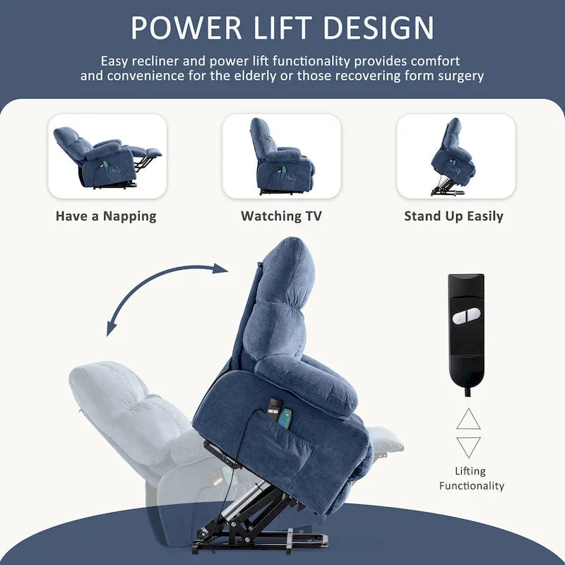Grey / Blue / Brown Power Lift Recliner Chair for 1 Person with Heat & Massage