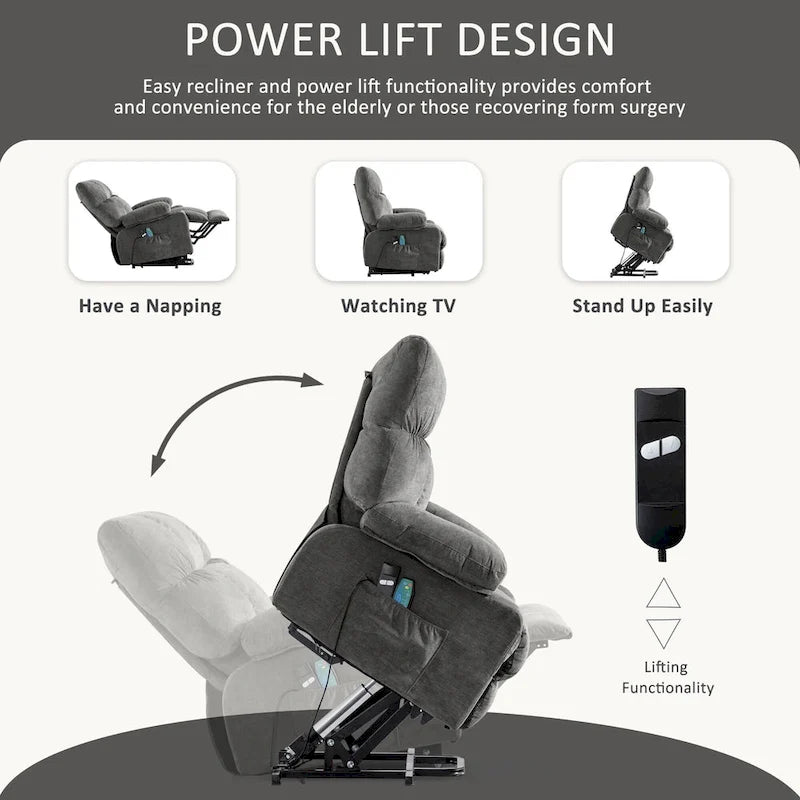Grey / Blue / Brown Power Lift Recliner Chair for 1 Person with Heat & Massage