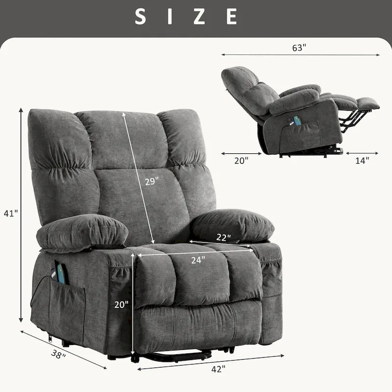 Grey / Blue / Brown Power Lift Recliner Chair for 1 Person with Heat & Massage