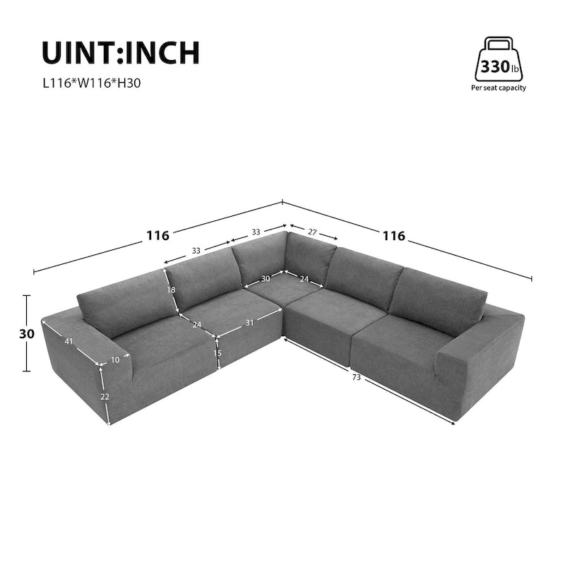 Gray L-Shaped Modular Sectional Sofa, Terrycloth, 5-Seater