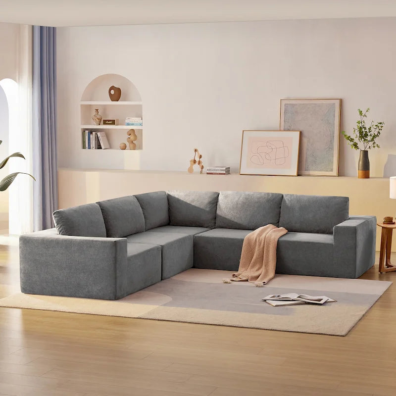 Gray L-Shaped Modular Sectional Sofa, Terrycloth, 5-Seater