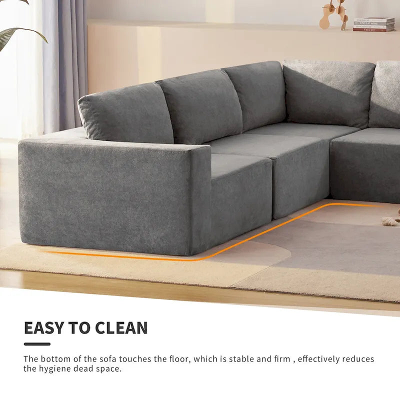 Gray L-Shaped Modular Sectional Sofa, Terrycloth, 5-Seater