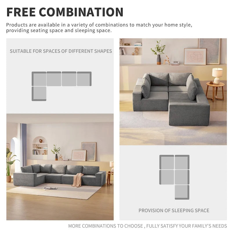 Gray L-Shaped Modular Sectional Sofa, Terrycloth, 5-Seater