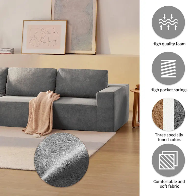 Gray L-Shaped Modular Sectional Sofa, Terrycloth, 5-Seater