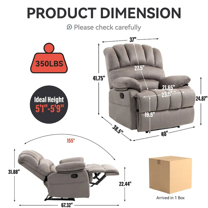 Brown/Grey Oversized Manual Recliner Chair, 155° Recline, Single