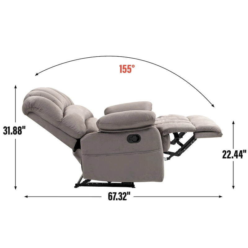 Brown/Grey Oversized Manual Recliner Chair, 155° Recline, Single