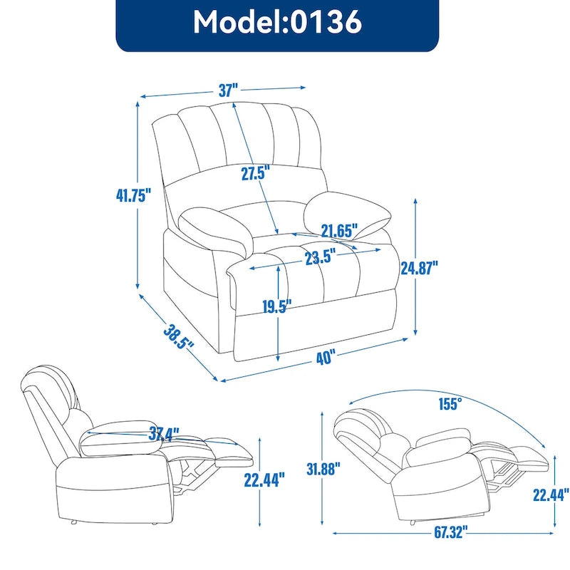 Brown/Grey Oversized Manual Recliner Chair, 155° Recline, Single