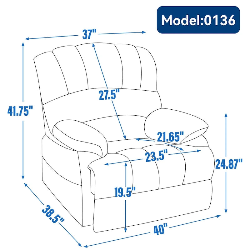 Brown/Grey Oversized Manual Recliner Chair, 155° Recline, Single