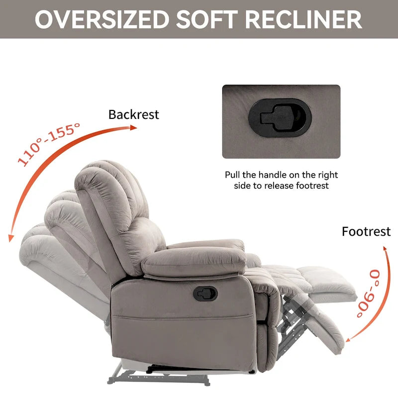 Brown/Grey Oversized Manual Recliner Chair, 155° Recline, Single