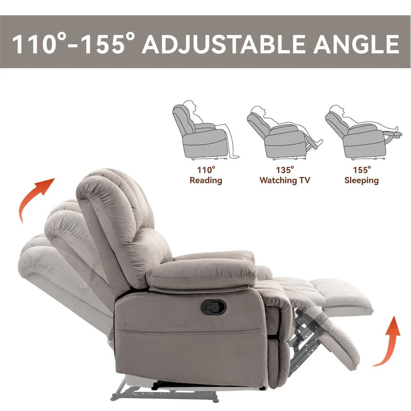 Brown/Grey Oversized Manual Recliner Chair, 155° Recline, Single
