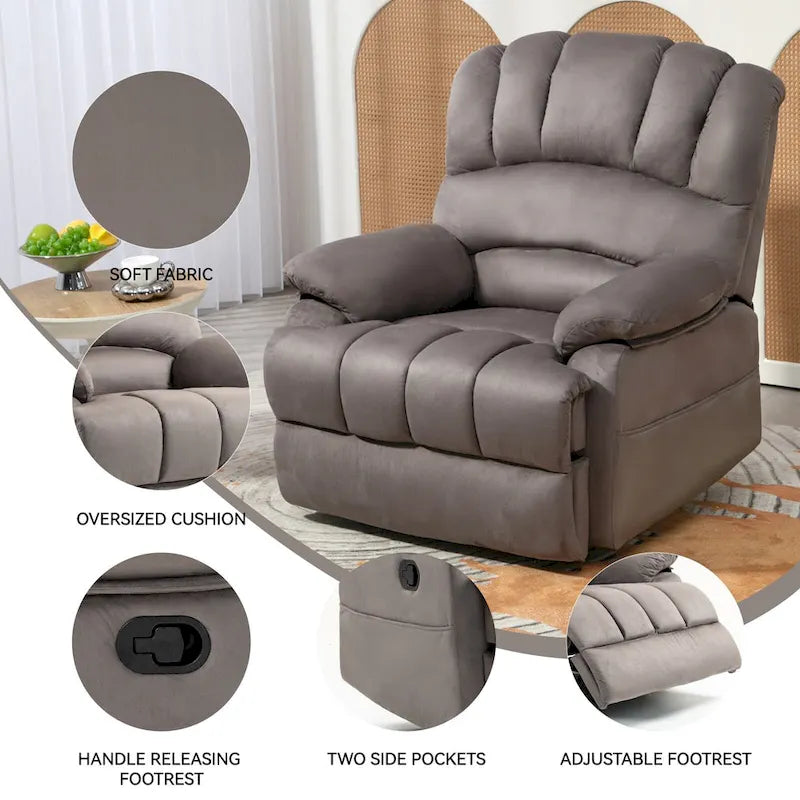 Brown/Grey Oversized Manual Recliner Chair, 155° Recline, Single