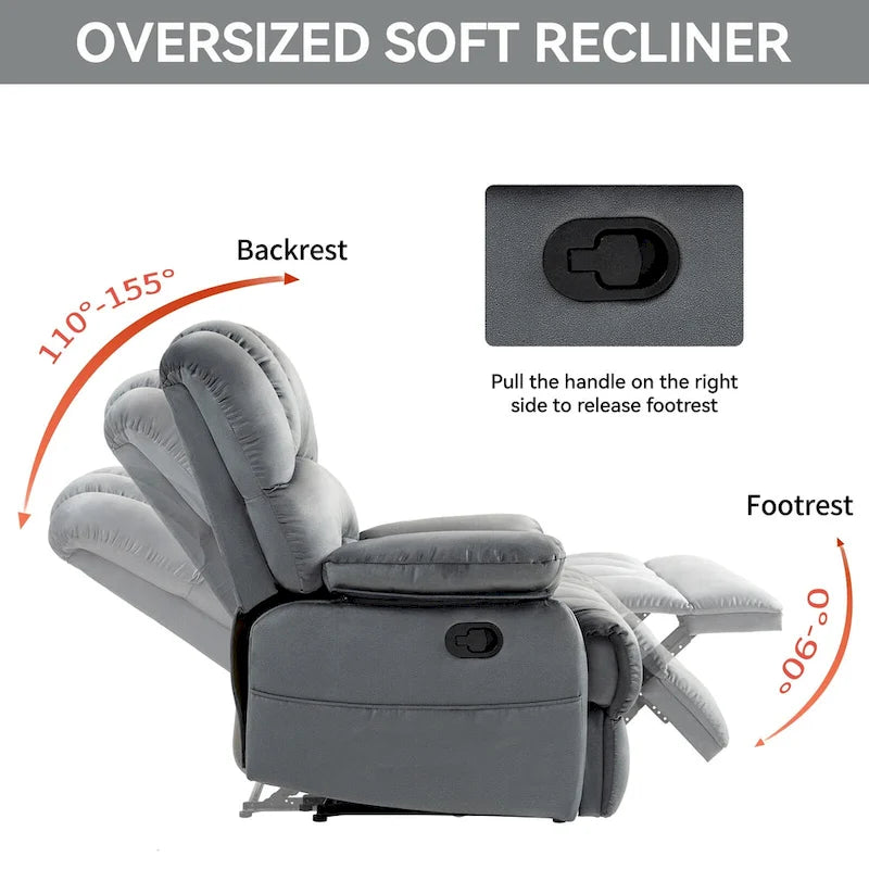 Brown/Grey Oversized Manual Recliner Chair, 155° Recline, Single