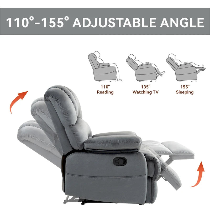 Brown/Grey Oversized Manual Recliner Chair, 155° Recline, Single