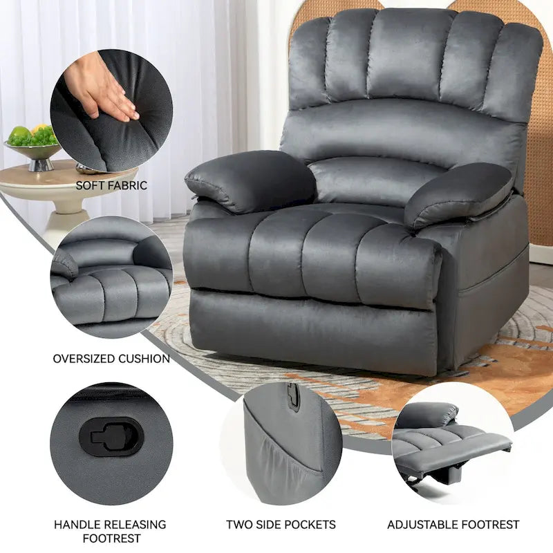 Brown/Grey Oversized Manual Recliner Chair, 155° Recline, Single