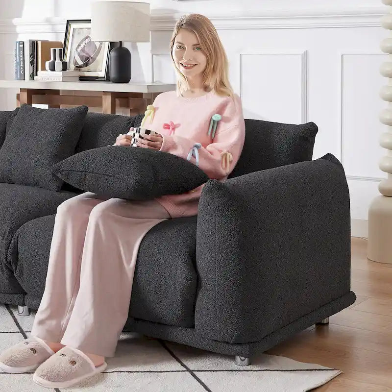 Camel/White/Brown/Black Lambswool Sherpa 4-Seater Sofa with Metal Legs