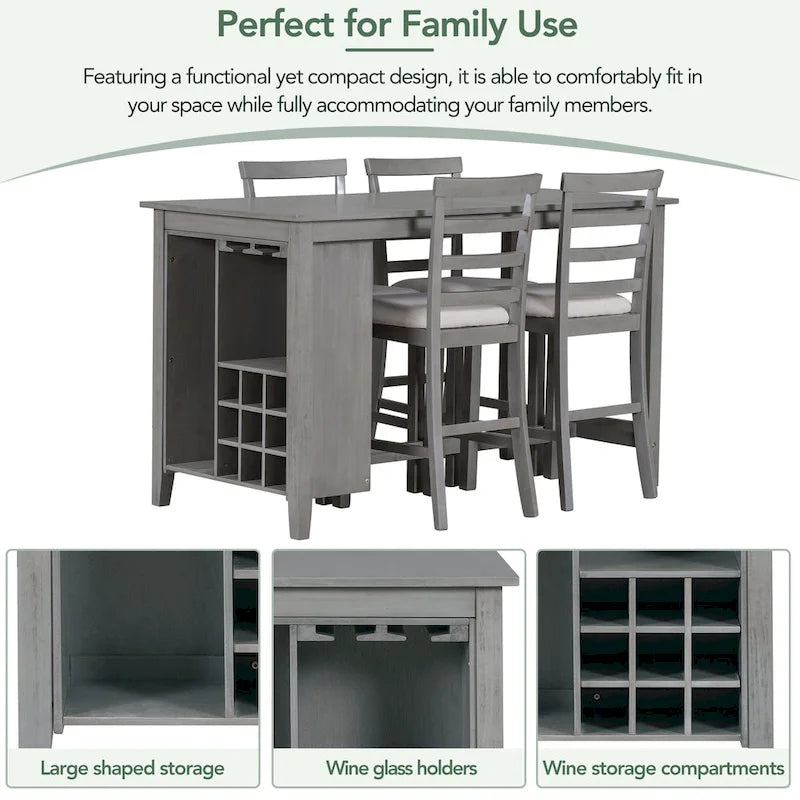 Gray Rustic 5-Piece Dining Table Set with Storage, Seats 4