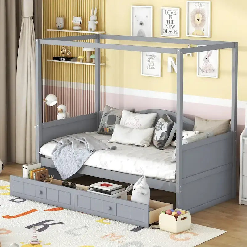 Gray / White Twin Canopy Daybed Frame with 2 Storage Drawers, 2-Person