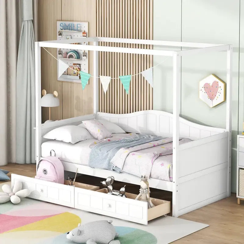 Gray / White Twin Canopy Daybed Frame with 2 Storage Drawers, 2-Person