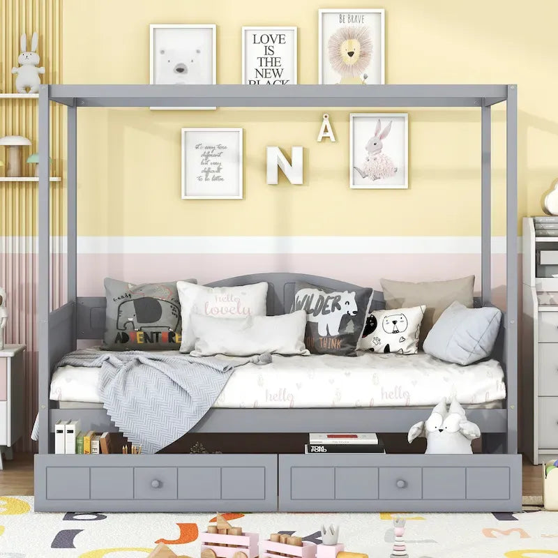 Gray / White Twin Canopy Daybed Frame with 2 Storage Drawers, 2-Person