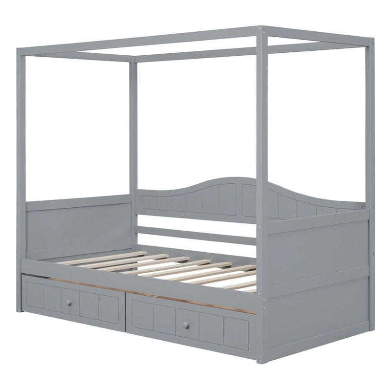 Gray / White Twin Canopy Daybed Frame with 2 Storage Drawers, 2-Person