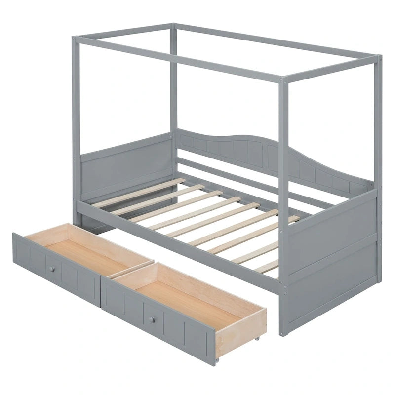 Gray / White Twin Canopy Daybed Frame with 2 Storage Drawers, 2-Person