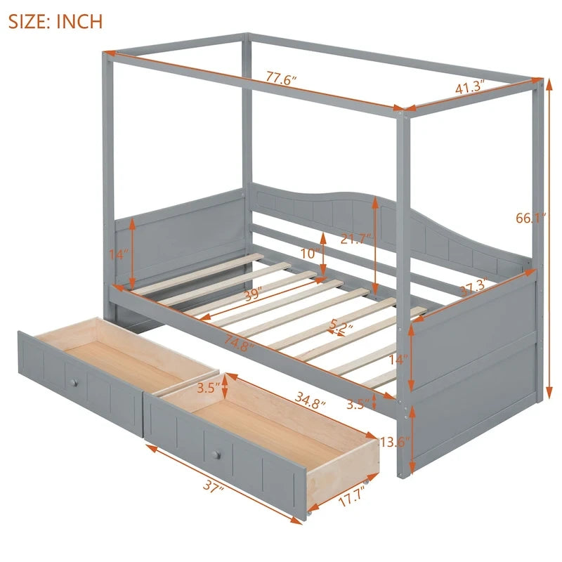Gray / White Twin Canopy Daybed Frame with 2 Storage Drawers, 2-Person
