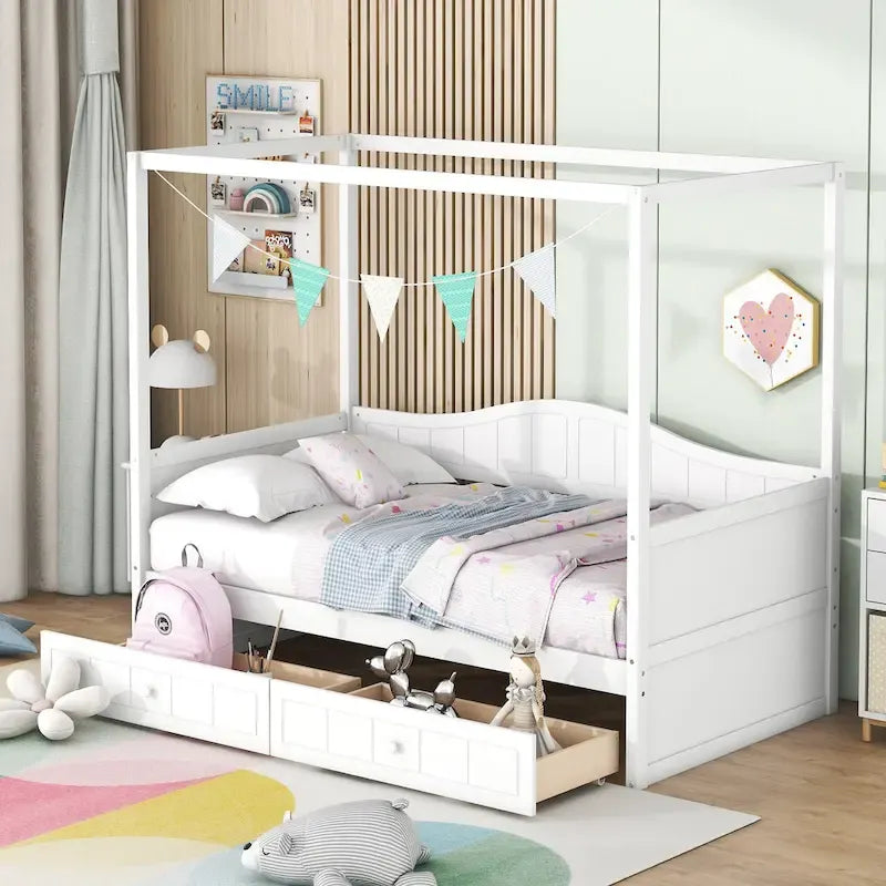 Gray / White Twin Canopy Daybed Frame with 2 Storage Drawers, 2-Person