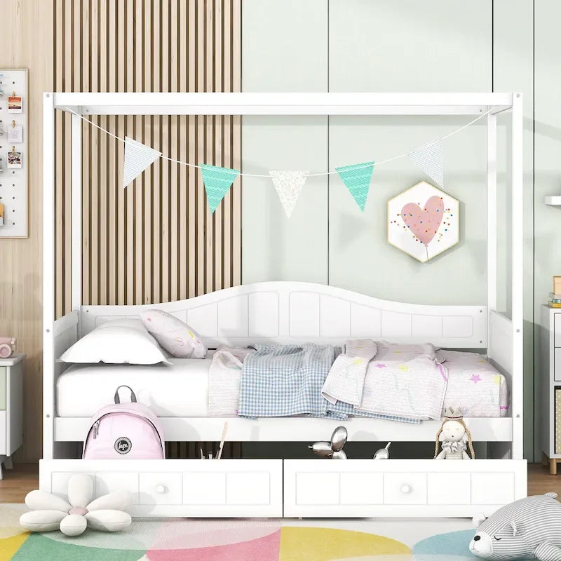 Gray / White Twin Canopy Daybed Frame with 2 Storage Drawers, 2-Person