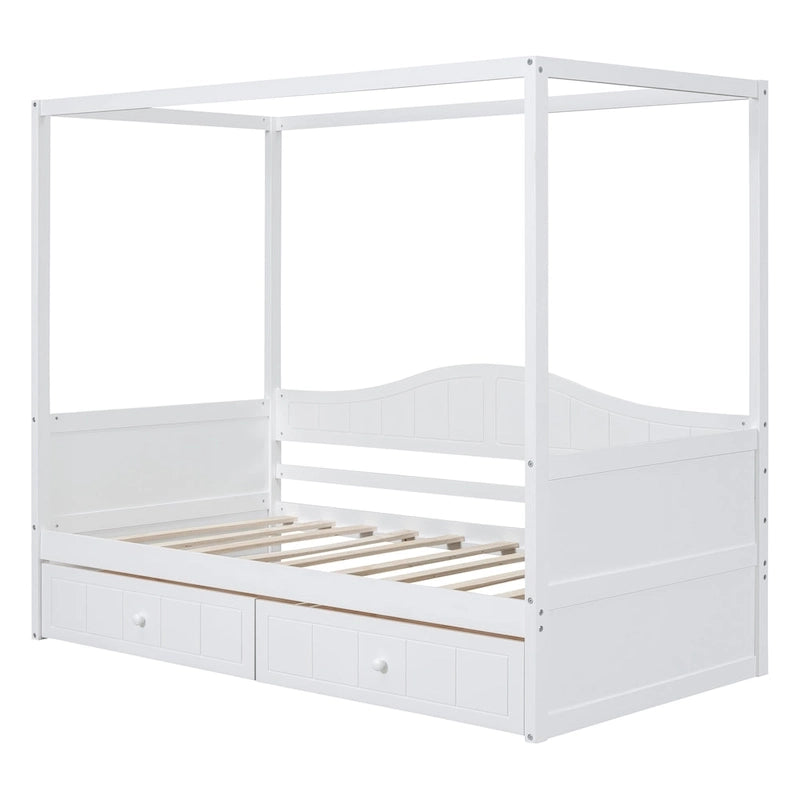 Gray / White Twin Canopy Daybed Frame with 2 Storage Drawers, 2-Person