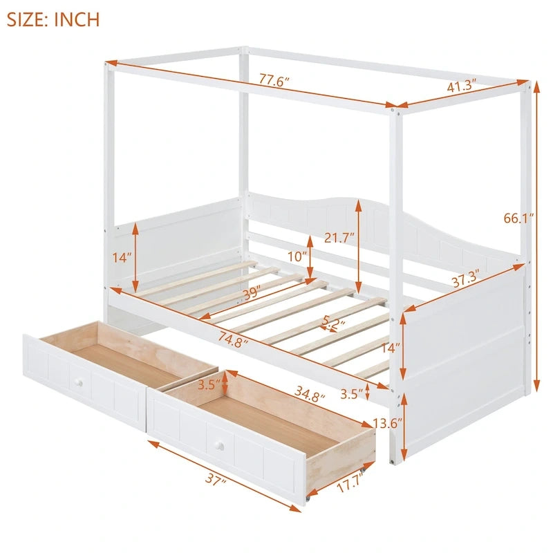 Gray / White Twin Canopy Daybed Frame with 2 Storage Drawers, 2-Person