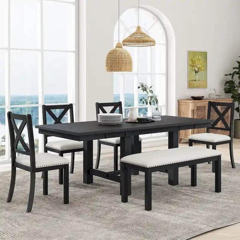 Black/Natural Farmhouse Extendable Dining Set, 6-Piece, Seats 6