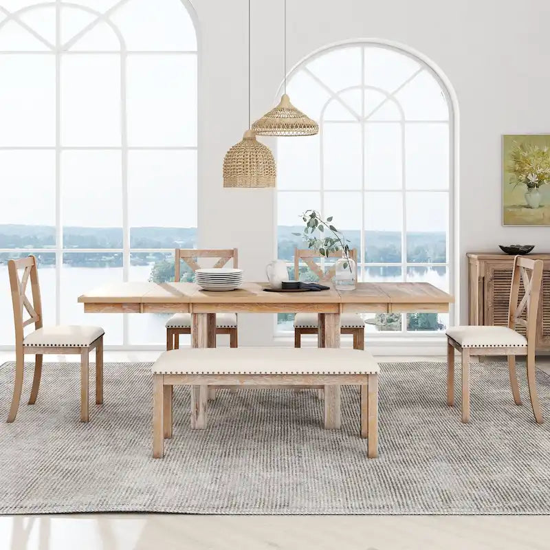Black/Natural Farmhouse Extendable Dining Set, 6-Piece, Seats 6