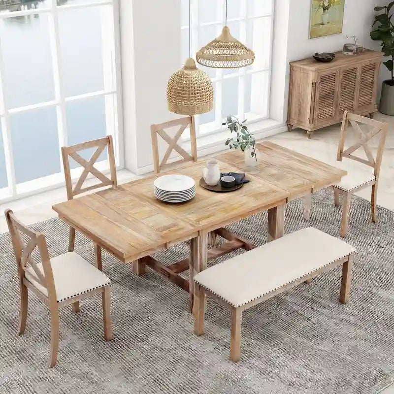 Black/Natural Farmhouse Extendable Dining Set, 6-Piece, Seats 6