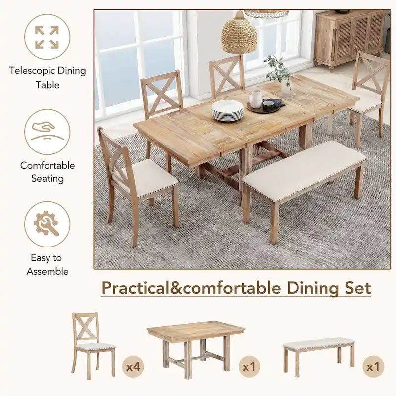 Black/Natural Farmhouse Extendable Dining Set, 6-Piece, Seats 6