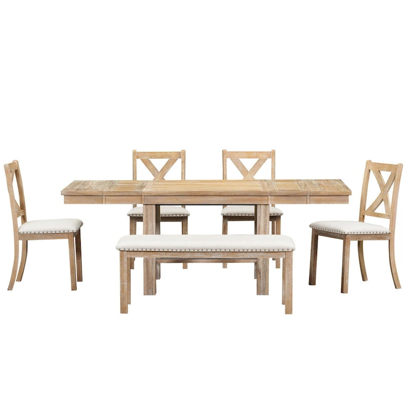 Black/Natural Farmhouse Extendable Dining Set, 6-Piece, Seats 6