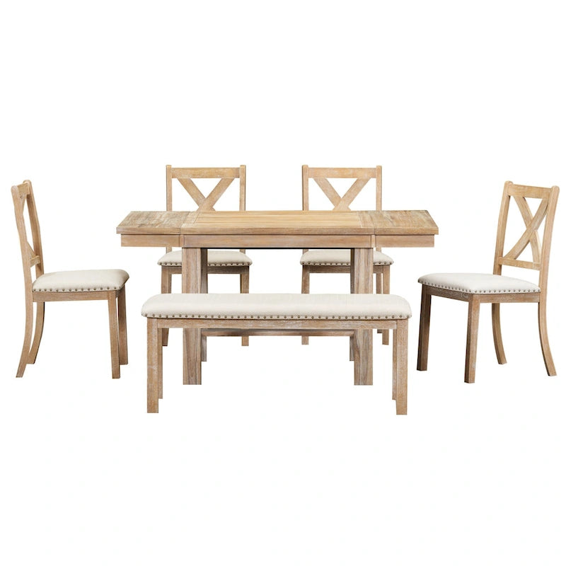 Black/Natural Farmhouse Extendable Dining Set, 6-Piece, Seats 6