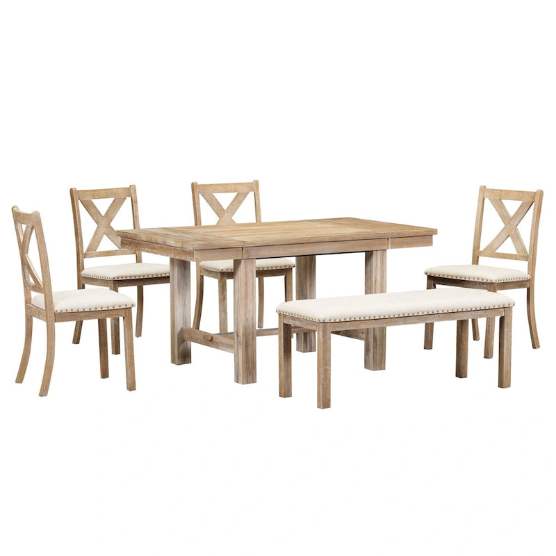 Black/Natural Farmhouse Extendable Dining Set, 6-Piece, Seats 6