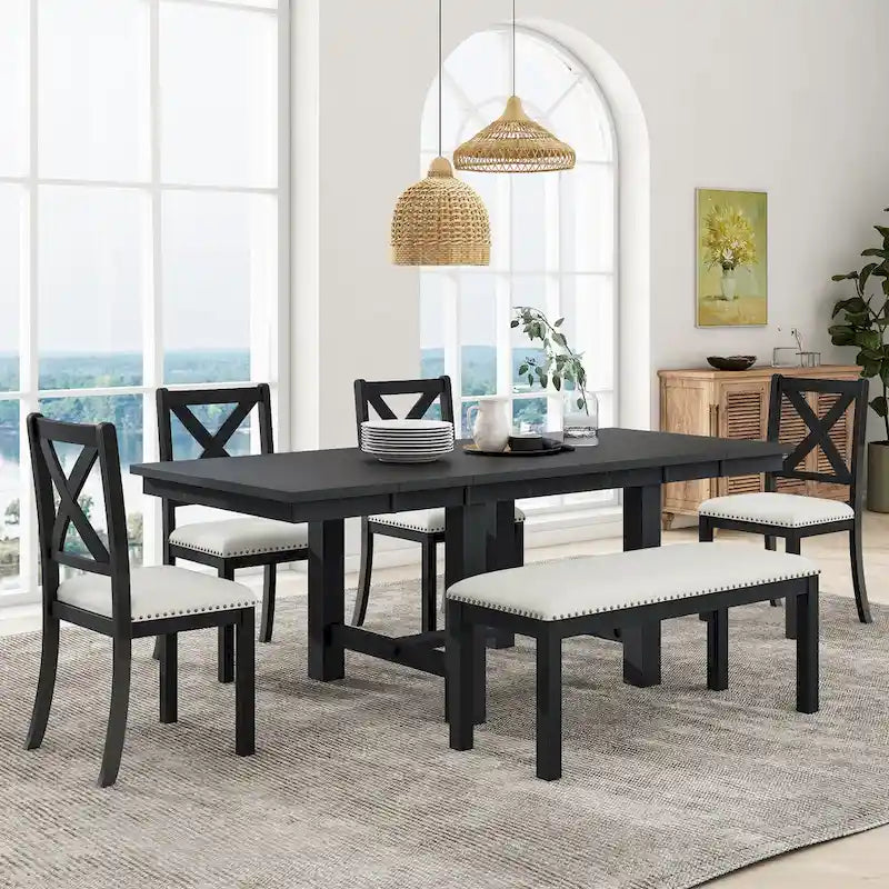 Black/Natural Farmhouse Extendable Dining Set, 6-Piece, Seats 6