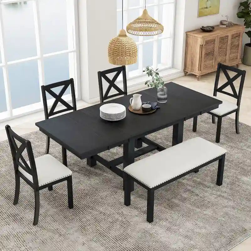 Black/Natural Farmhouse Extendable Dining Set, 6-Piece, Seats 6