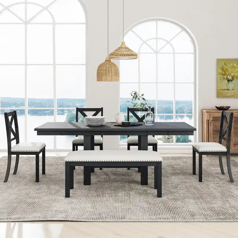 Black/Natural Farmhouse Extendable Dining Set, 6-Piece, Seats 6